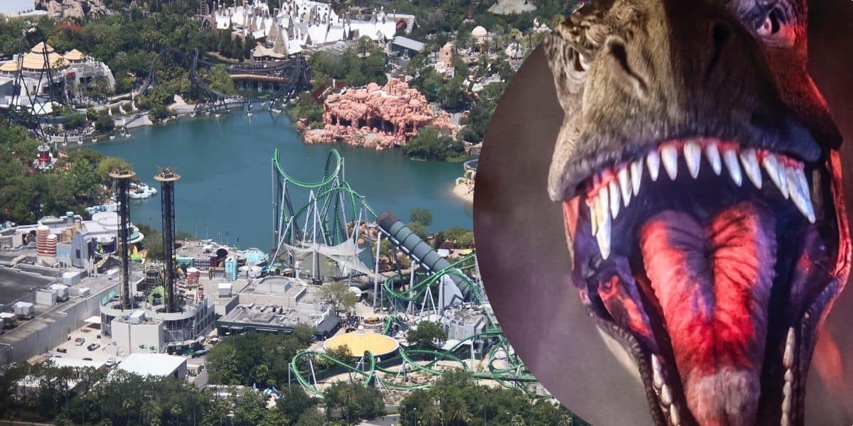 An aerial view of Islands of Adventure with the Jurassic Park River Adventure attraction to the right.