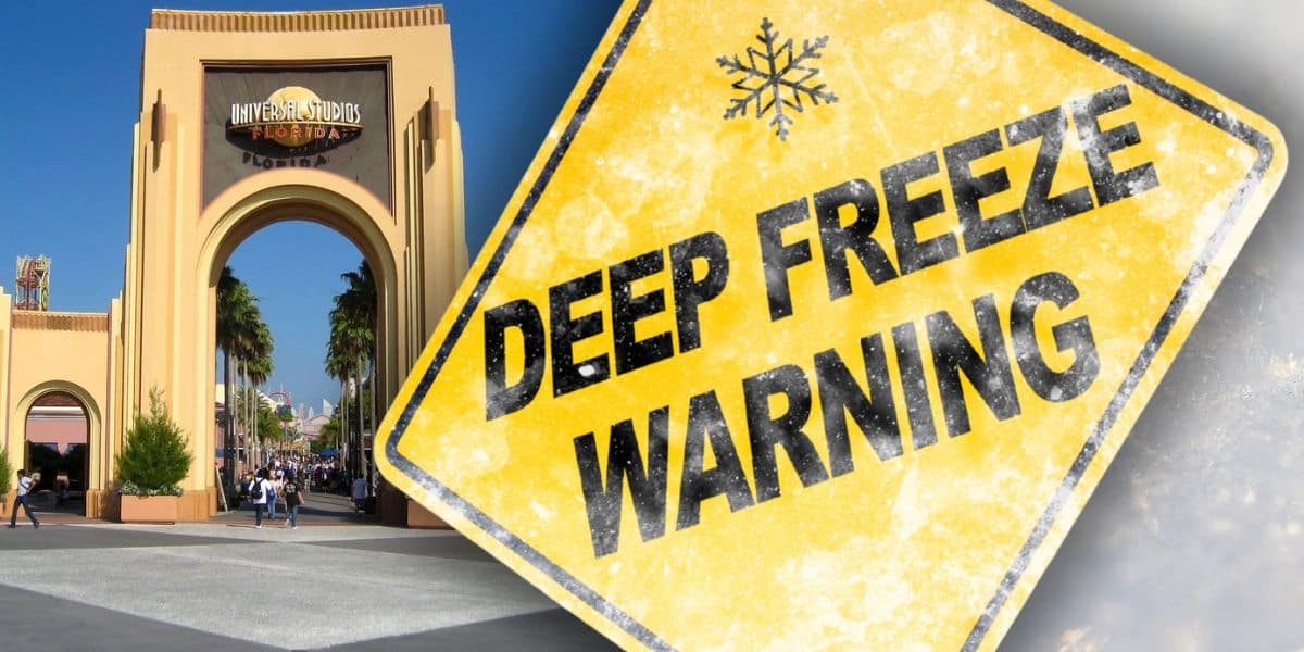 A Deep Freeze Warning alert appears above the iconic entrance of Universal Studios Florida, hinting at chilly thrills inside the park. Central Florida theme park closures due to extreme cold