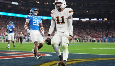 Miami quarterback Carson Beck gave the Hurricanes the lead for good with a 3-yard touchdown run with 18 seconds remaining in the Fiesta Bowl win over Mississippi.