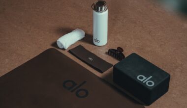 photo of a yoga mat, headband, yoga block, and water bottle with the brand name "Alo"