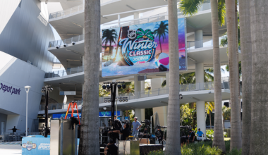 The outside signage of LoanDepot Park in Miami before the 2026 Discover NHL Winter Classic, Friday, Jan. 2, 2026.