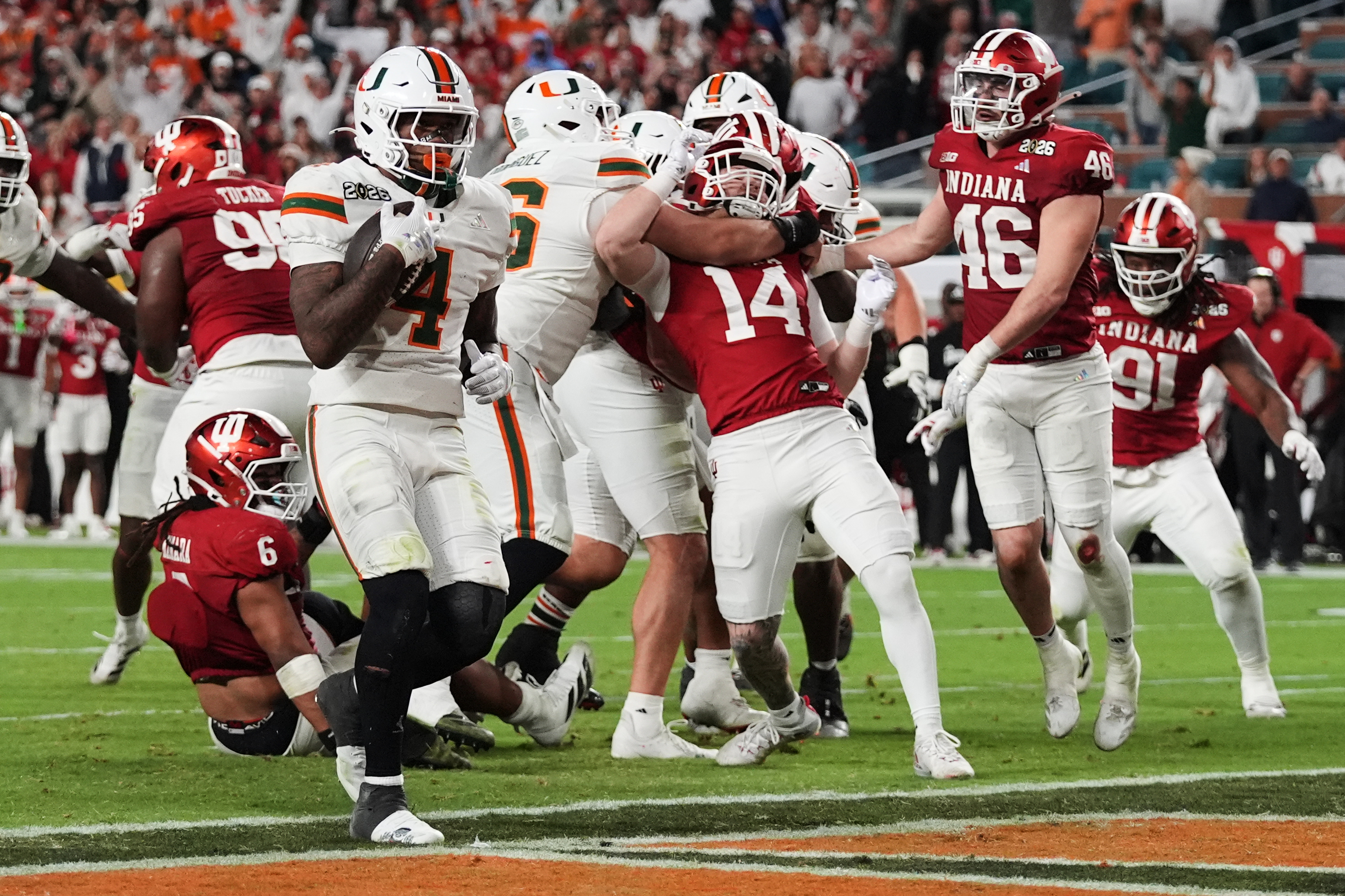 Miami running back Mark Fletcher Jr. scores against Indiana during the second half of the College Football Playoff national championship game, Monday, Jan. 19, 2026, in Miami Gardens, Fla. (AP Photo/Lynne Sladky)