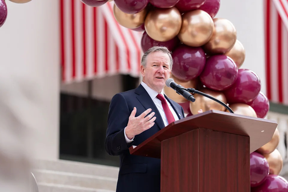 Florida State University President Richard McCullough speaks to a large crowd gathered in the Florida capitol courtyard for FSU Day, Wednesday, Jan. 21, 2026.