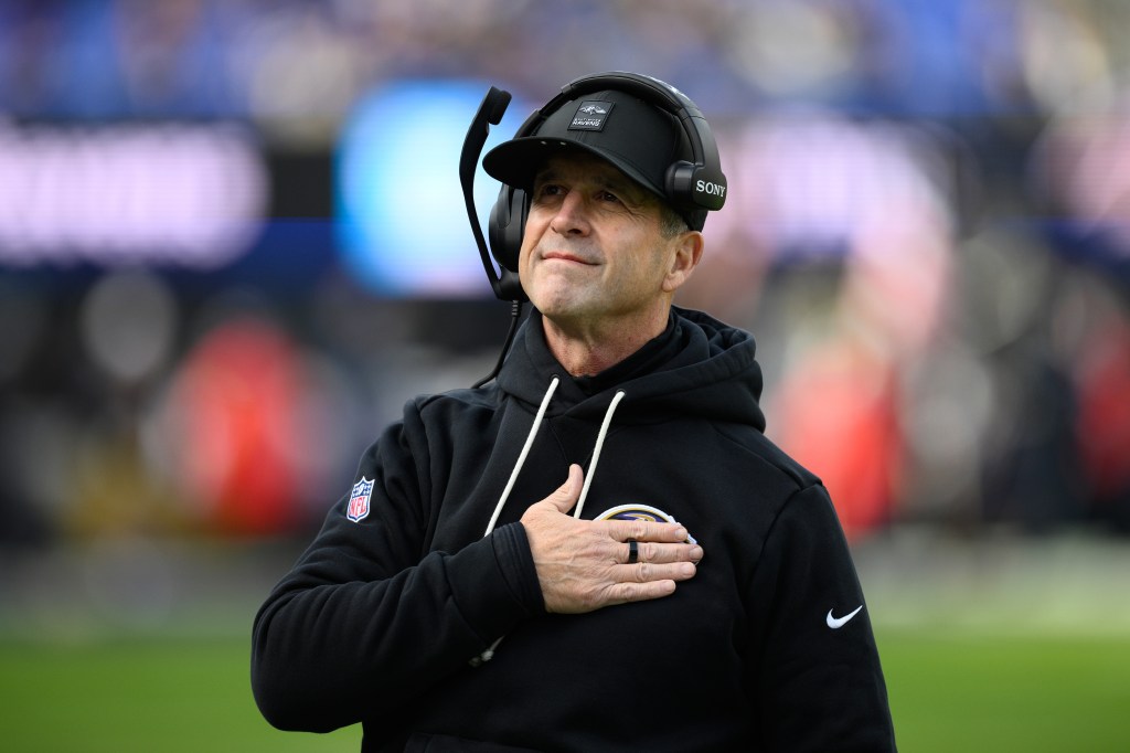 Baltimore Ravens head coach John Harbaugh greets fans before an NFL football game against the Pittsburgh Steelers, Sunday, Dec. 7, 2025, in Baltimore.