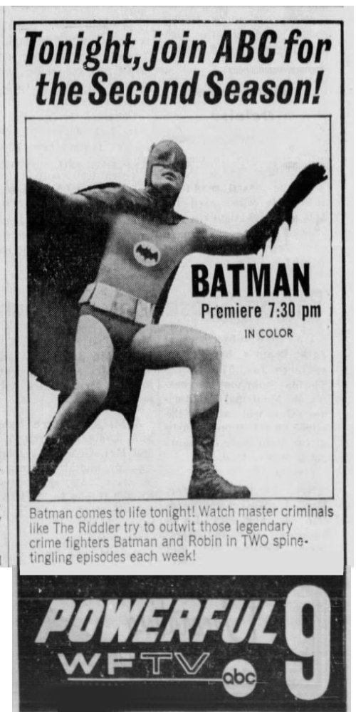 Part of an ad that appeared in the Orlando Sentinel on Jan. 12, 1966 for the debut of 'Batman' on WFTV-Channel 9. (Sentinel file)