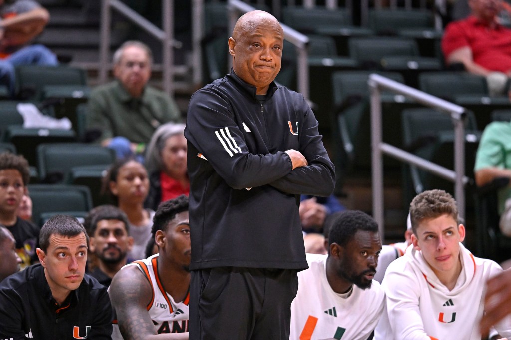 Miami's head coach Jim Larranaga during a college basketball game.