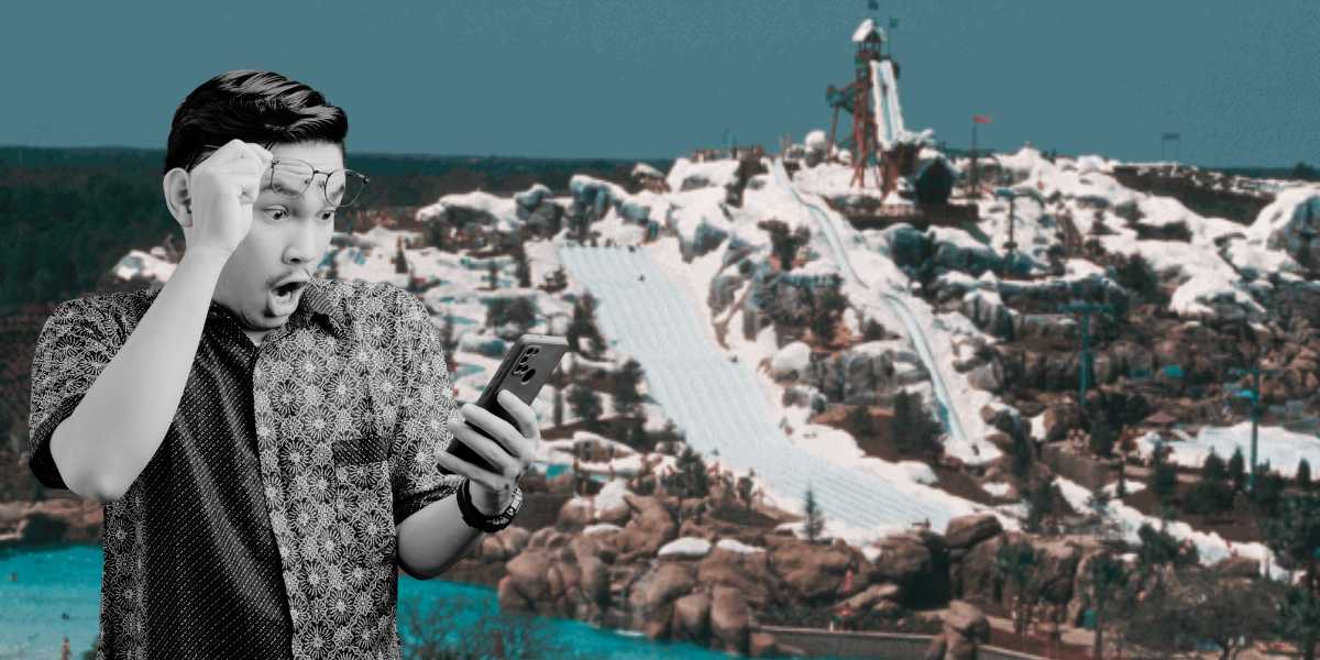 Background shows Blizzard Beach at Disney World, while foreground shows a man looking shocked at his cellphone
