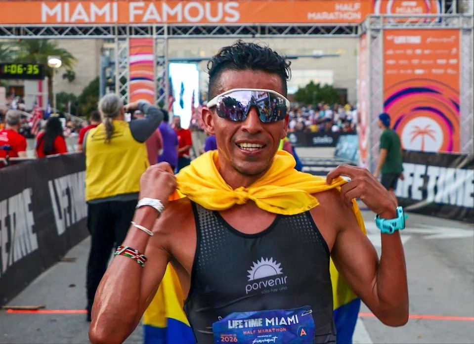 Colombian Mauricio Gonzalez finishes first in the Men's Elite Life Time Miami Half Marathon on Sunday, January 25, 2026, in Miami, Florida.
