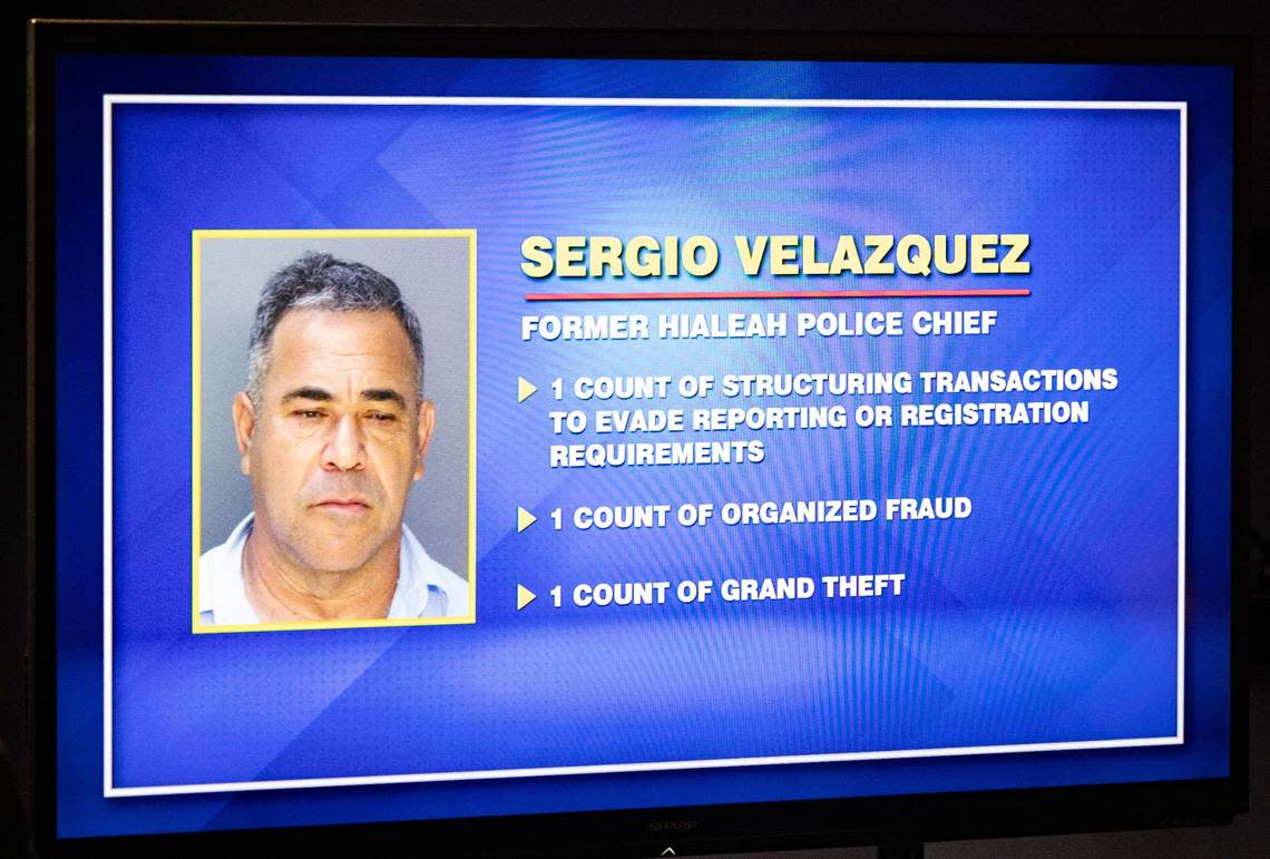 The charges against former Hialeah Police Chief Sergio Velazquez are shown during a press conference at the Miami-Dade State Attorney’s Office, Monday, June 2, 2025.