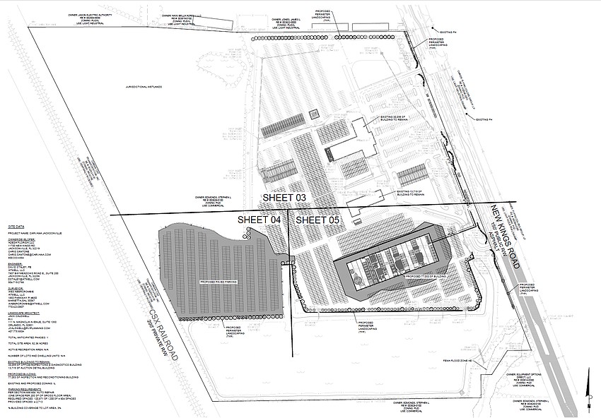 Plans show a 77,000-square-foot Carvana inspection and reconditioning facility and a new parking lot on 89.32 acres at 11700 New Kings Road in Northwest Jacksonville. Plans show a 77,000-square-foot Carvana inspection and reconditioning facility and a new parking lot on 89.32 acres at 11700 New Kings Road in Northwest Jacksonville.