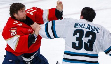 San Jose Sharks beat Florida Panthers 4-1 as rare goalie fight highlights Matthew Tkachuk's season debut