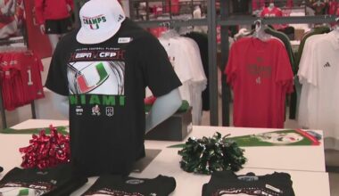 Fans at University of Miami team store grabbing merch ahead of tonight's Fiesta Bowl