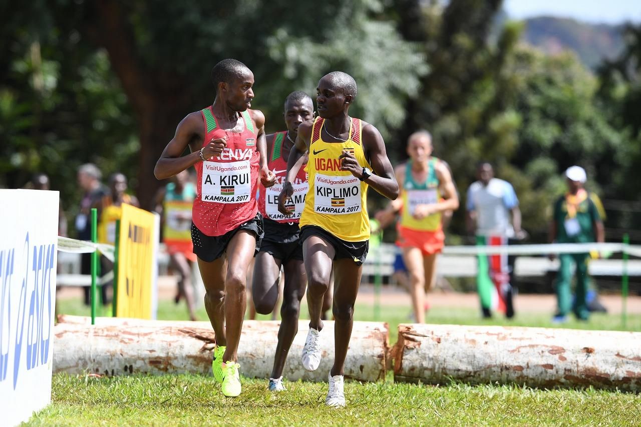 Amos Kirui and Jacob Kiplimo in the U20 men's race at the IAAF World Cross Country Championships Kampala 2017