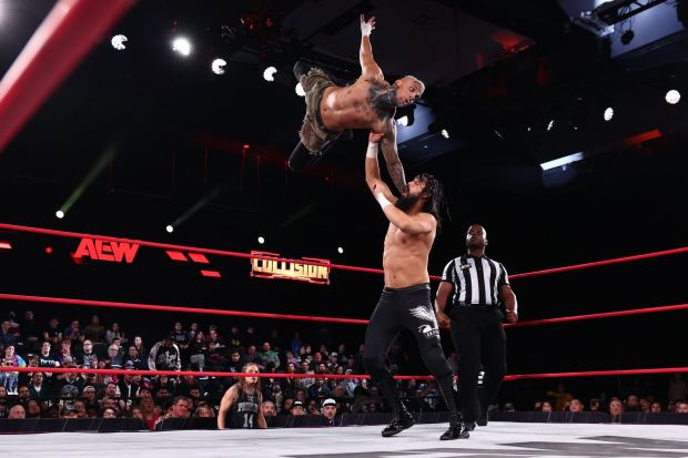 Darby Allin (top, wrestling Wheeler Yuta) doesn't like to put too many moves in a match, but makes them all count. (Courtesy All Elite Wrestling)