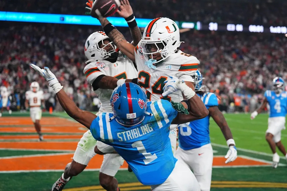 Mississippi Rebels wide receiver De’zhaun Stribling (1) attempts to make a catch against Miami Hurricanes defensive back Ethan O’Connor (24). IMAGN IMAGES via Reuters Connect