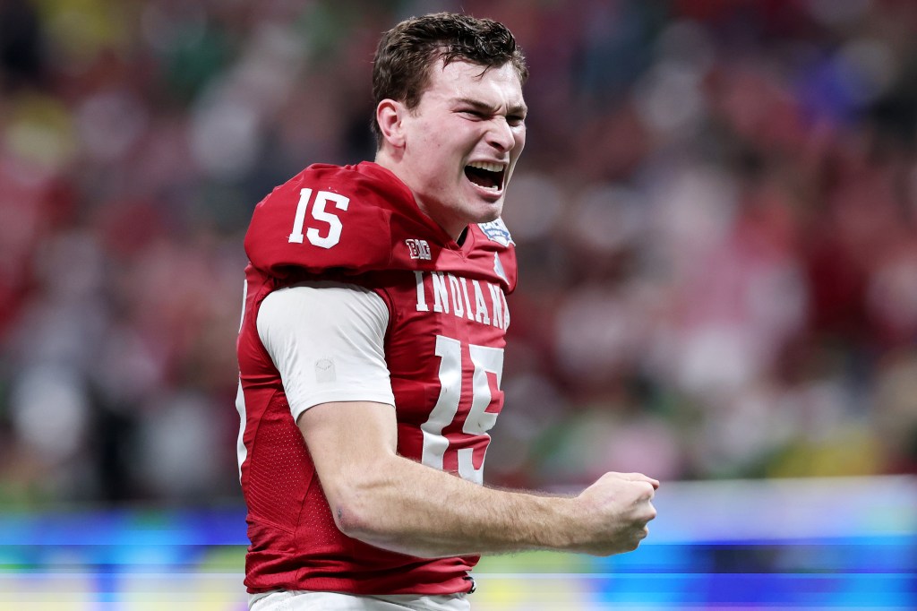 Fernando Mendoza celebrates during the Indiana-Oregon College Football Playoff semifinal game on Jan. 9, 2026. 