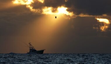 A fishing boat heads out to sea as the sun breaks through the clouds, Thursday, March 3, 2022, in Surfside, Fla. (AP/Wilfredo Lee)