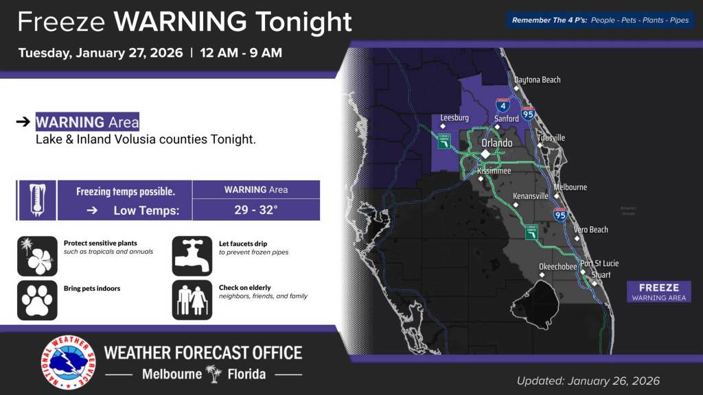 Parts of Central Florida under freeze warning as cold weather moves in for the long haul – Orlando Sentinel