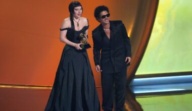 Lady Gaga, left, and Bruno Mars accept the award for best pop duo/group performance for "Die With A Smile" during the 67th annual Grammy Awards last y ear in Los Angeles. (AP Photo/Chris Pizzello)