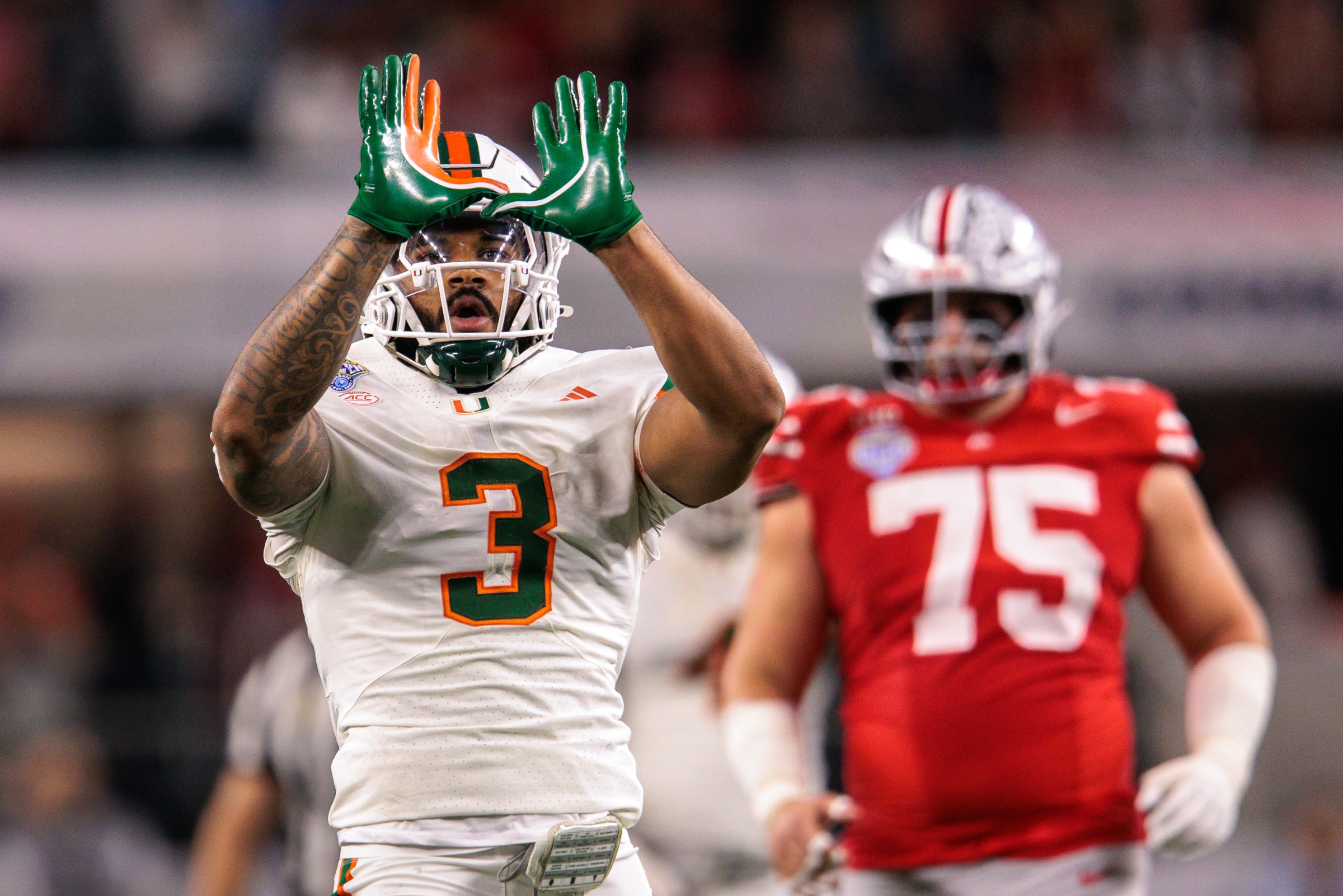 ARLINGTON, TX - DECEMBER 31: DL Akheem Mesidor #3 of the Miami Hurricanes reacts after a sack during the first half against Ohio State Buckeyes on December 31st, 2025 during the College Football Playoff Quarterfinal at the Goodyear Cotton Bowl Classic Miami vs Ohio State at ATT Stadium in Arlington, Tx. (Photo by William Purnell/Icon Sportswire via Getty Images)