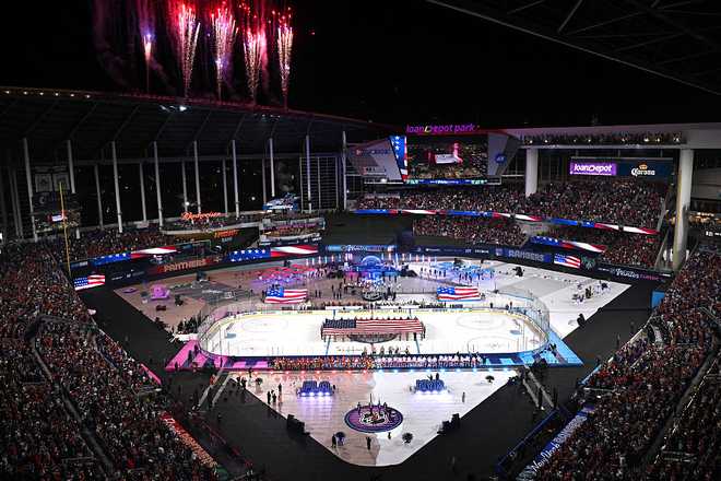 MIAMI, FLORIDA - JANUARY 02: Pyrotechnics during pre-game ceremonies before the 2026 Discover NHL Winter Classic game between the New York Rangers and the Florida Panthers at loanDepot Park on January 02, 2026 in Miami, Florida. (Photo by Jamie Sabau/NHLI via Getty Images)