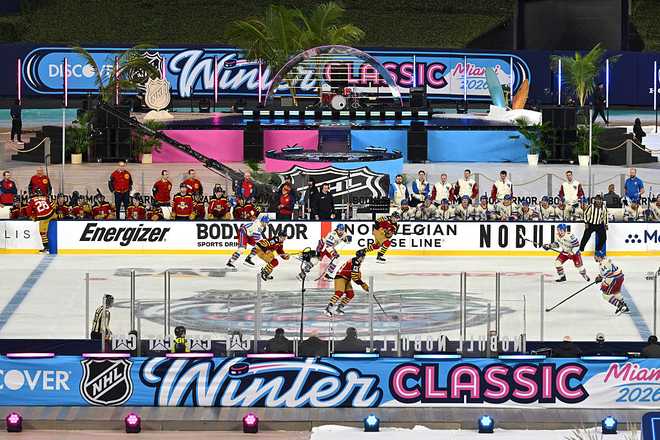 MIAMI, FLORIDA - JANUARY 02: A general view of game action during the third period of the 2026 Discover NHL Winter Classic game between the New York Rangers and the Florida Panthers at loanDepot park on January 02, 2026 in Miami, Florida. (Photo by Jamie Sabau/NHLI via Getty Images)