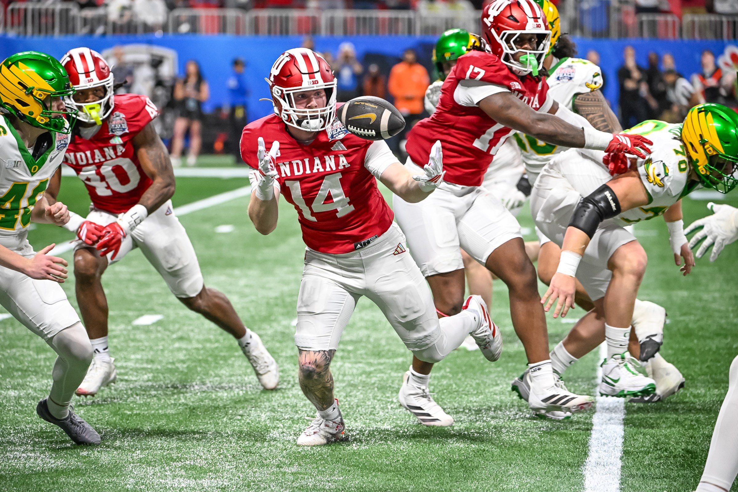 ATLANTA, GA - JANUARY 09: LB Kaiden Turner #14 of the Indiana Hoosiers recovers a blocked punt in the fourth quarter during the Indiana Hoosiers versus Oregon Ducks College Football Playoff Semifinal at the Chick-fil-A Peach Bowl on January 9, 2026, at Mercedes-Benz Stadium in Atlanta, GA. (Photo by John Adams/Icon Sportswire via Getty Images)