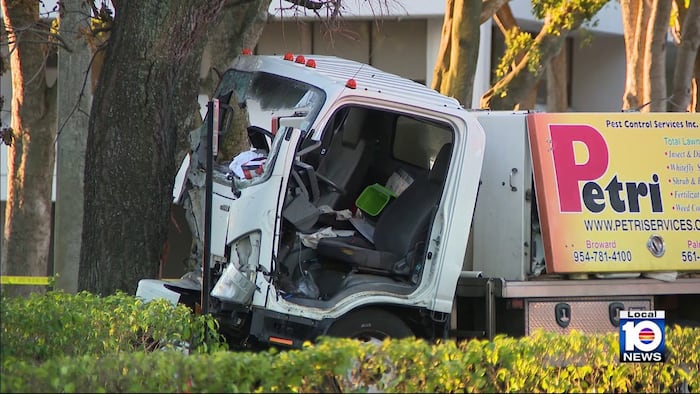 Woman extricated from pest control truck after it crashes into tree in Fort Lauderdale