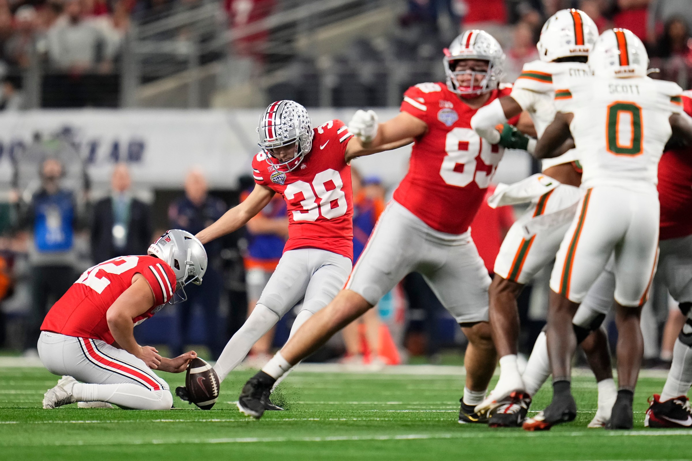 Ohio State Buckeyes kicker Jayden Fielding (38) misses a field goal during the Cotton Bowl at AT&T Stadium in Arlington, Texas for the College Football Playoff quarterfinal game against the Miami Hurricanes on Dec. 31, 2025.