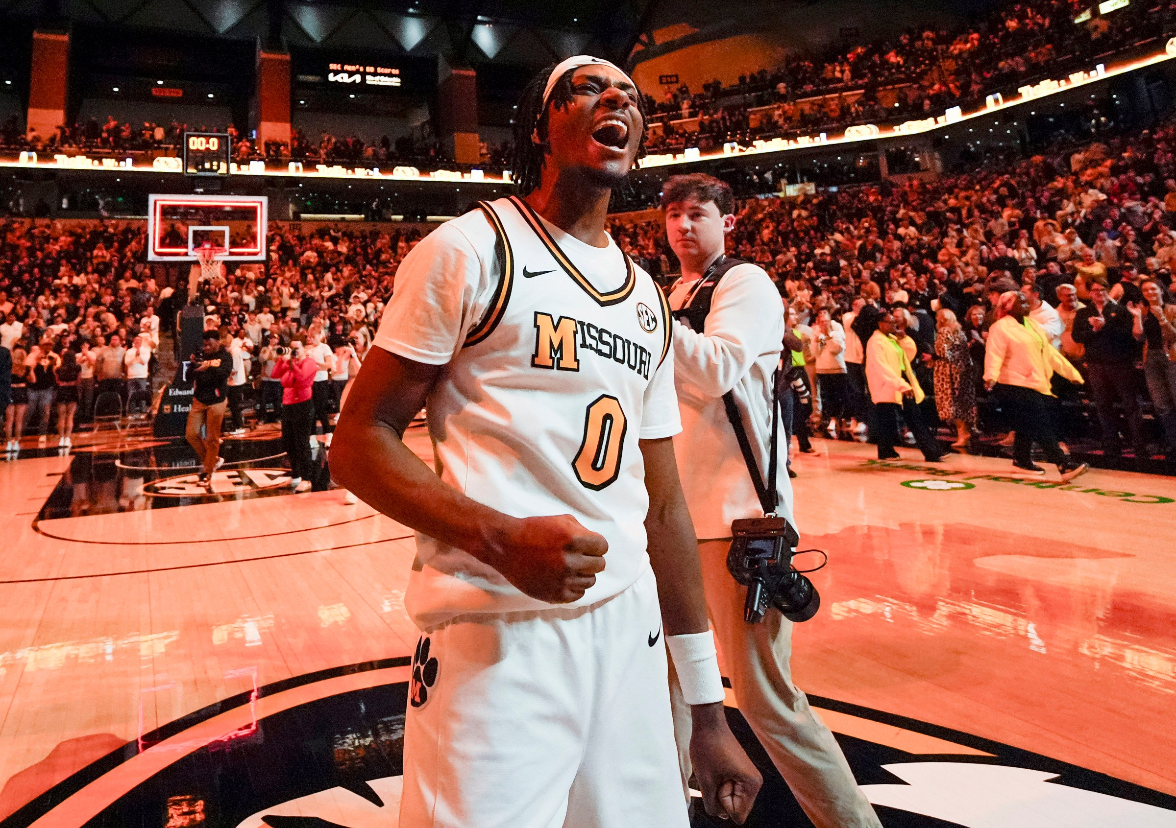 Jan 3, 2026; Columbia, Missouri, USA; Missouri Tigers guard Anthony Robinson II (0) celebrates after defeating the Florida Gators at Mizzou Arena. Mandatory Credit: Jay Biggerstaff-Imagn Images