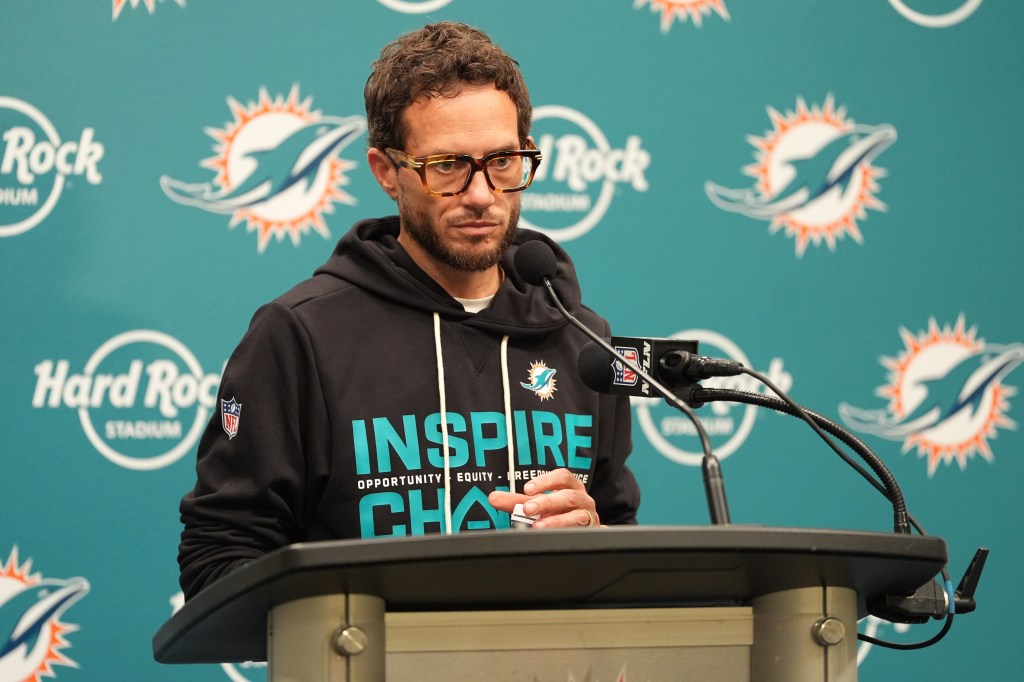 Miami Dolphins head coach Mike McDaniel speaks during a news conference after an NFL football game against the Tampa Bay Buccaneers, Sunday, Dec. 28, 2025, in Miami Gardens, Fla.