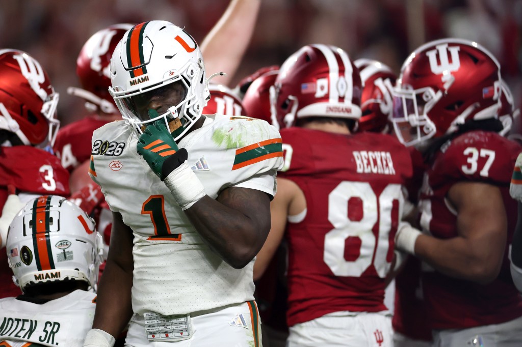 Miami Hurricanes player Mohamed Toure (#1) reacts after the Indiana Hoosiers scored a touchdown during the College Football Playoff National Championship.