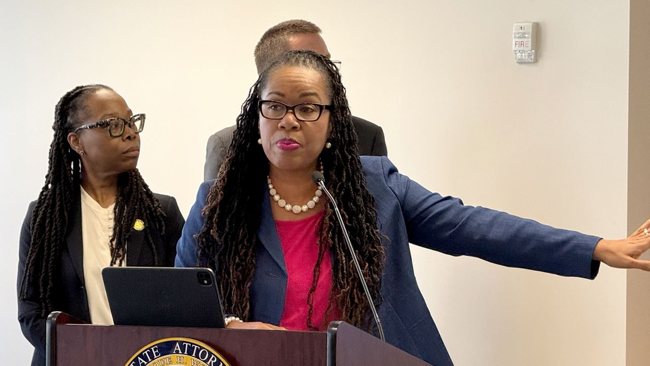 State Attorney Monique Worrell from the Ninth Judicial Circuit Court of Florida holds a press conference on Jan. 22, 2026, following the murder of three tourists in Kissimmee. (Spectrum News/Jordan Mead)