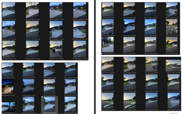 Two pages among several provided by Apopka Mayor Bryan Nelson in his lawsuit seeking to have Orange County Commissioner Christine Moore removed from the ballot in the March city election. The photos purport to show Moore's car parked in the driveway of her Palm Crest Drive home outside city limits between 6 and 7 a.m. over 70 days between April 16 and July 18, after the residency deadline. (Courtesy of Bryan Nelson)