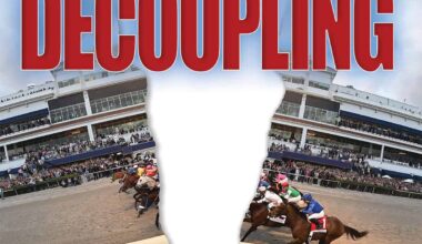 An image of thoroughbreds racing in front of grandstands filled with a crowd of people is torn in half. Emerging from the tear, bright red sans serif text spells out, “Decoupling.” The text is outlined in white, and takes up a quarter of the image.