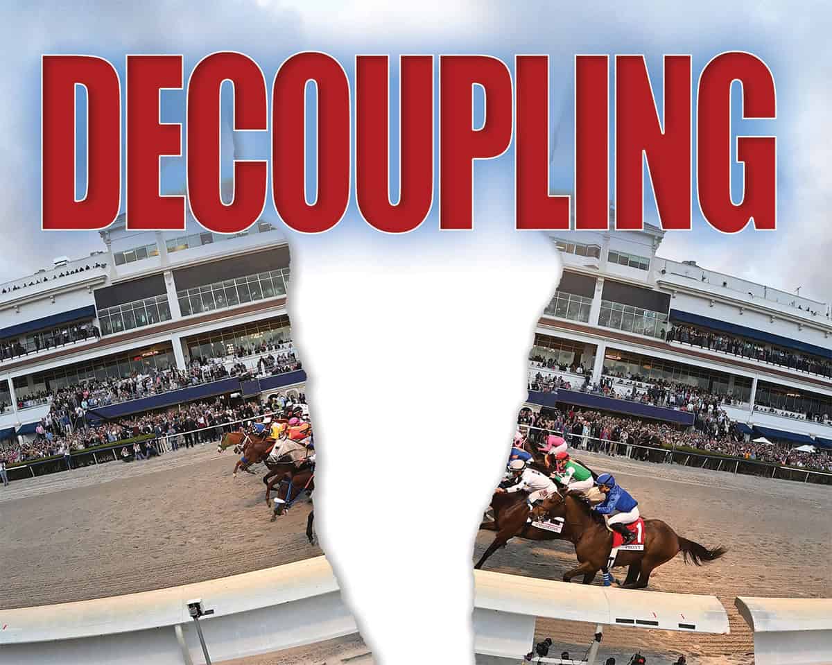 An image of thoroughbreds racing in front of grandstands filled with a crowd of people is torn in half. Emerging from the tear, bright red sans serif text spells out, “Decoupling.” The text is outlined in white, and takes up a quarter of the image.
