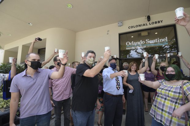 Members of the Orlando Sentinel newsroom gathered on Friday Aug. 28, 2020, to say goodbye to 633 N. Orange, the building that had been the newspaper's home since 1951. The staff had been working remotely since March when the COVID-19 pandemic hit hard. (Sentinel Archives)