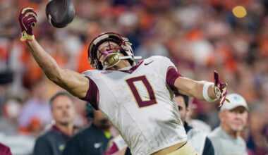 FILE - Florida State wide receiver Duce Robinson (0) tries to make a catch that falls incomplete in the second half of an NCAA college football game against Clemson, Nov. 8, 2025, in Clemson, S.C. (AP Photo/Jacob Kupferman, File)