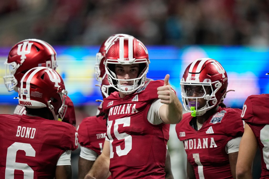 Indiana quarterback Fernando Mendoza reacts during the second half of the Peach Bowl.