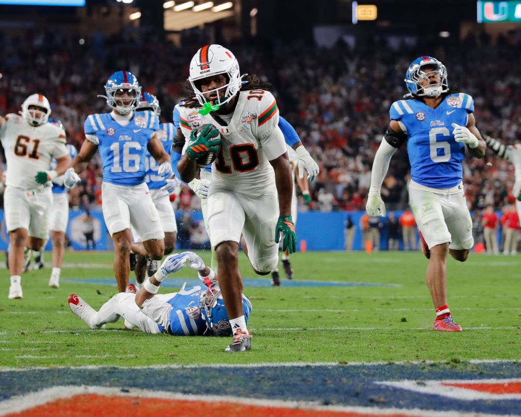 Miami (FL) Hurricanes wide receiver Malachi Toney (10) runs for a touchdown in the fourth quarter durning the Fiesta Bowl between Miami vs Ole Miss at State Farm Stadium in Glendale, Arizona.