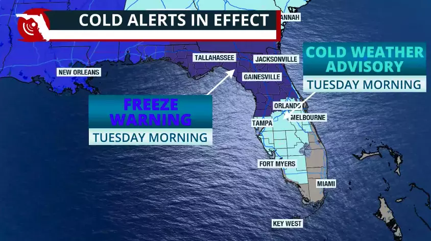 Map showing cold advisories
