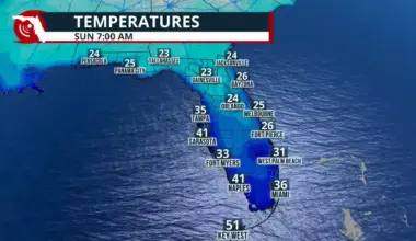 Map showing cold temperatures in Florida on Sunday.