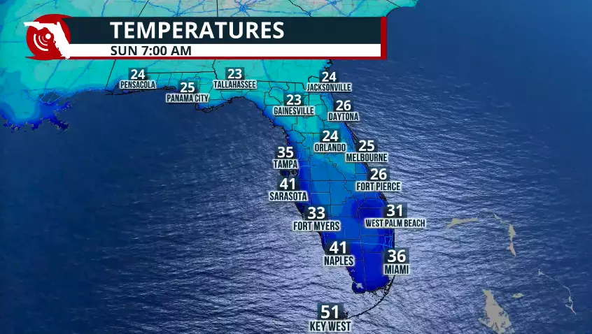 Map showing cold temperatures in Florida on Sunday.