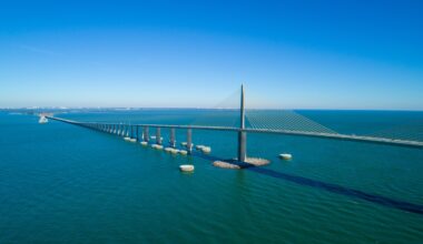 A long cable-stayed bridge with multiple support pillars extends over Tampa Bay’s blue waters under a clear sky, connecting two distant land masses—a vital link considered in the latest Port Proposal for mega cruise ships.