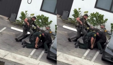 Photos of a police officer stomping on a man who is face down on the pavement.