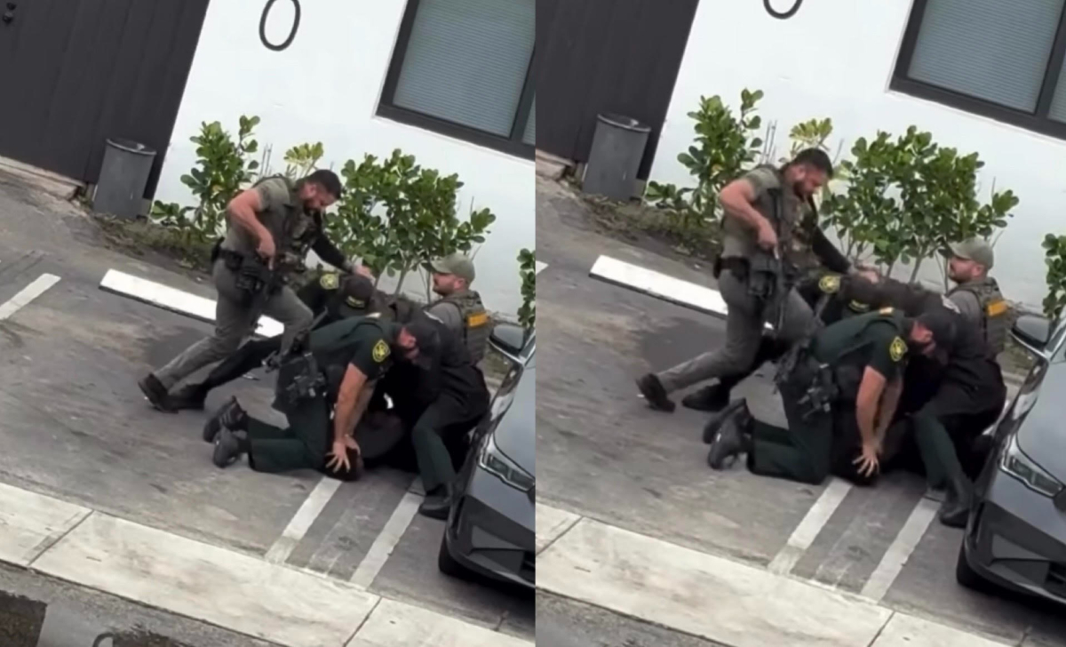Photos of a police officer stomping on a man who is face down on the pavement.