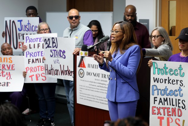 U.S. Rep. Sheila Cherfilus-McCormick speaks in support of extending Temporary Protection Status for Haitians in South Florida and around the U.S. She said the "export" of 350,000 Haitians back home would lead to a large labor deficit in the economy. (Mike Stocker/South Florida Sun Sentinel)