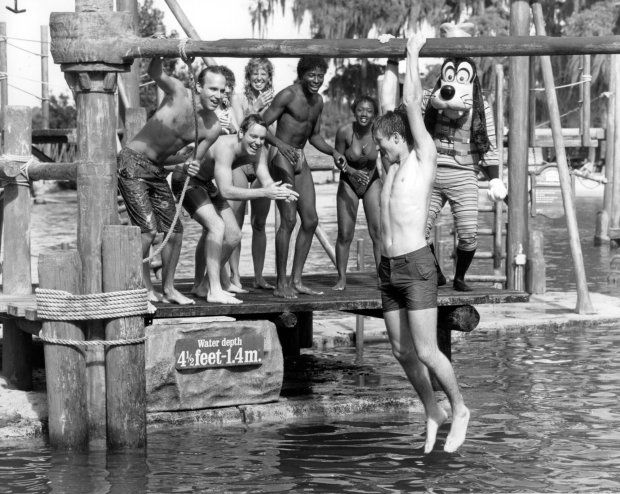A swimmer makes his way across the cool waters of River Country at Walt Disney World's Fort Wilderness Resort in February 1989. (Walt Disney Co.)