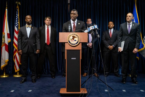 United States Attorney Markenzy Lapointe speaks to the media in Miami in January, 2023, about a network of Florida nursing school operators who allowed students to buy diplomas without the proper training. The federal investigation has now led to charges against 30 individuals, placing the state's oversight of nursing schools in an uncomfortable spotlight. (D.A. Varela/Miami Herald)
