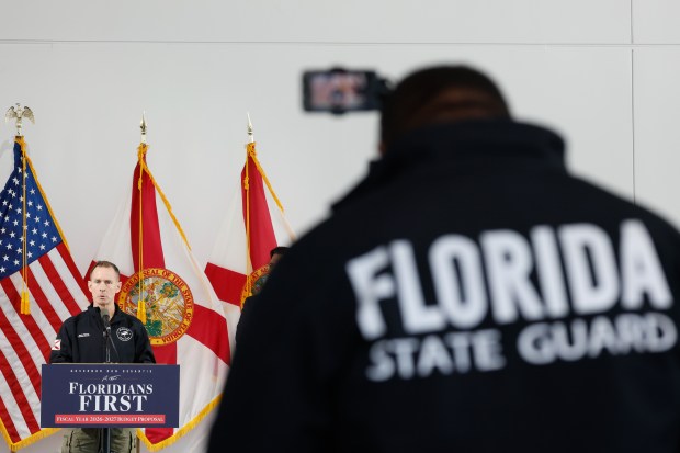 Director of the Florida State Guard Mark Thieme speaks at the 2026-27 budget proposal news conference held by Florida Gov. Ron DeSantis at the Dr. Phillips Center for the Performing Arts in Orlando on Wednesday, Dec. 10, 2025. (Rich Pope/ Orlando Sentinel)